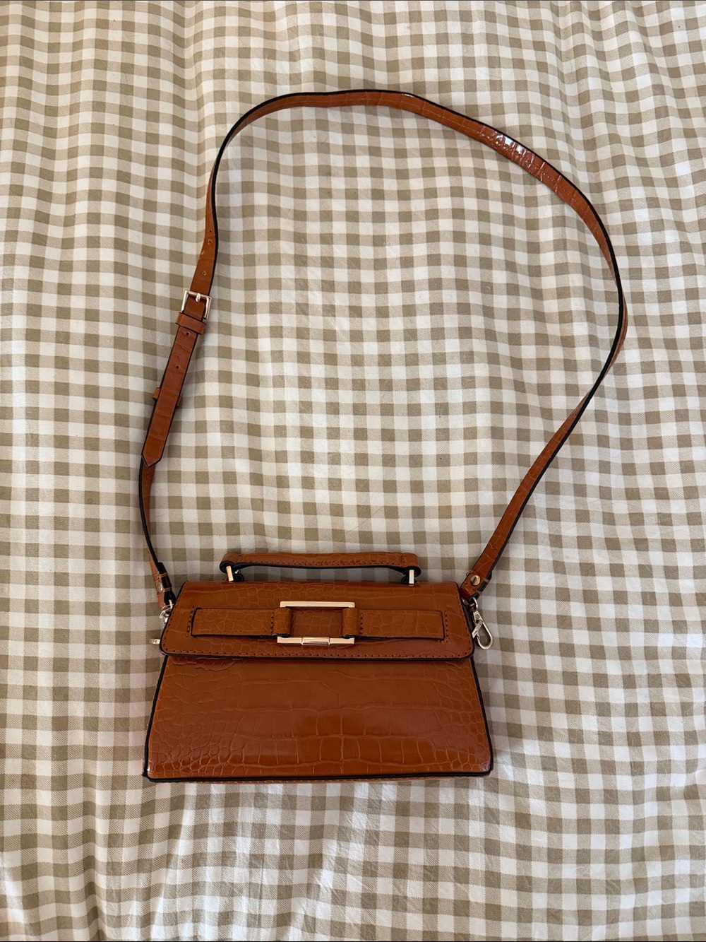 Zara Cognac Croc-Embossed Crossbody Bag with Top Handle